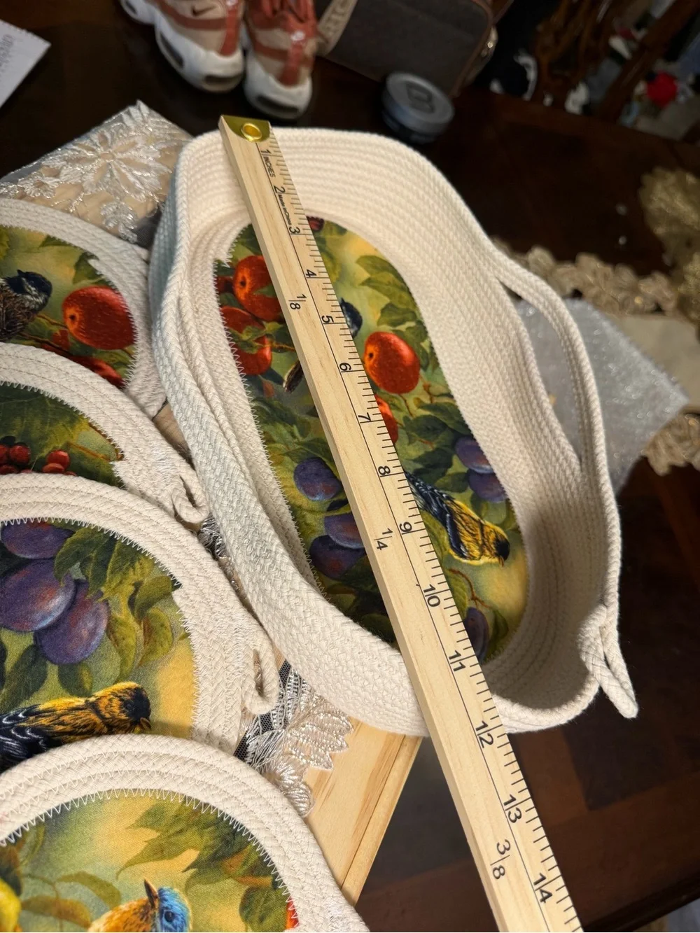 Cream Rope Basket and Bird & Fruit Coaster Set - Cream